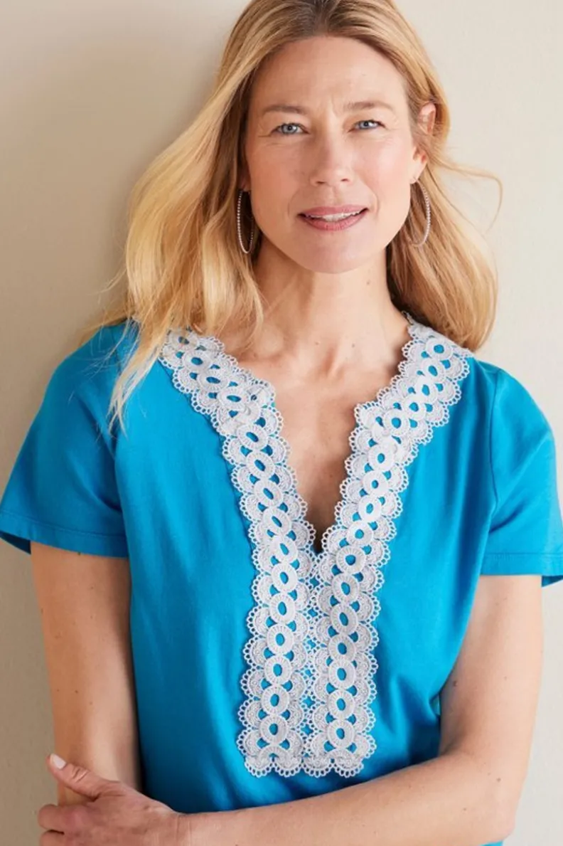 Soft Surroundings - Camiseta Kaitlyn en Punto Decorativo, Tono Azul Nórdico, Estilo Casual y Sofisticado