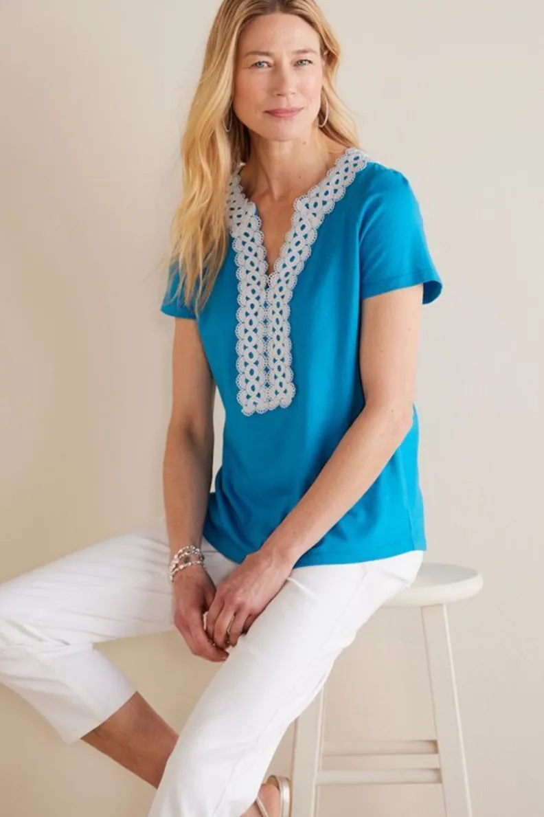 Soft Surroundings - Camiseta Kaitlyn en Punto Decorativo, Tono Azul Nórdico, Estilo Casual y Sofisticado