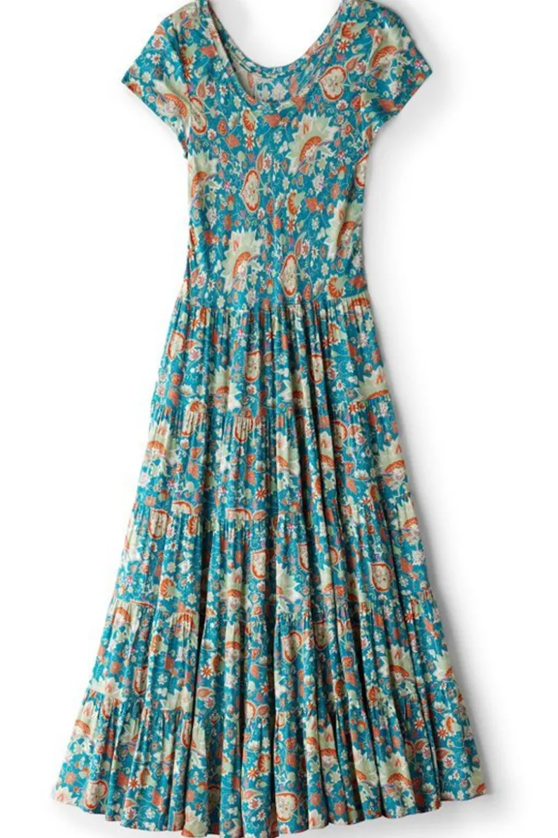 Vestido Kara de Soft Surroundings - Elegancia y comodidad en verde azulado vibrante con estampado jacobeo