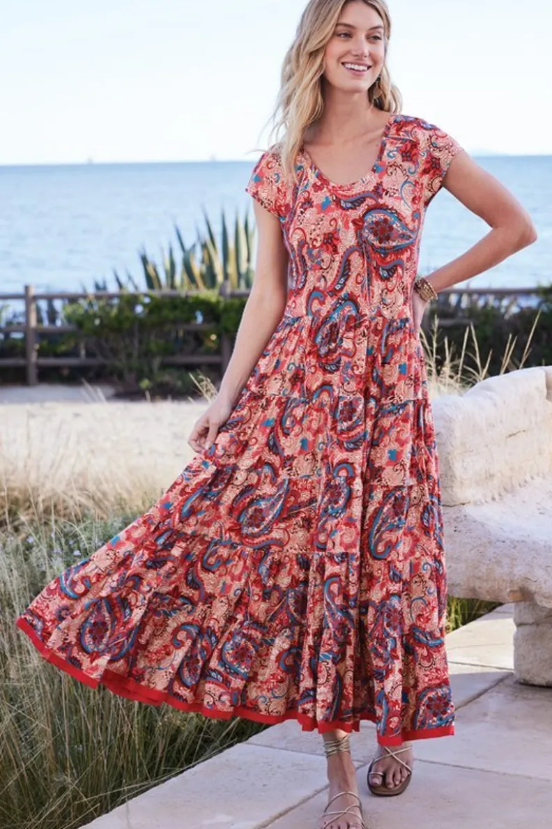 Vestido Kara de Soft Surroundings - Elegancia y comodidad en verde azulado vibrante con estampado jacobeo