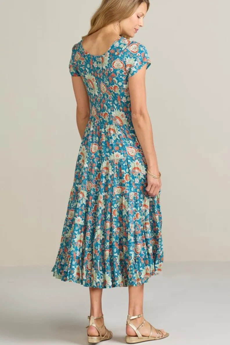 Vestido Kara de Soft Surroundings - Elegancia y comodidad en verde azulado vibrante con estampado jacobeo
