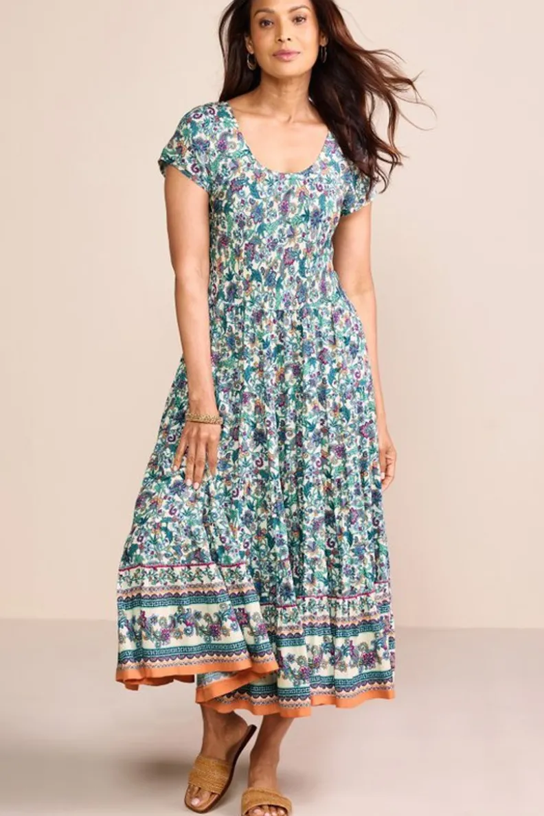 Vestido Kara de Soft Surroundings - Elegancia y comodidad en verde azulado vibrante con estampado jacobeo