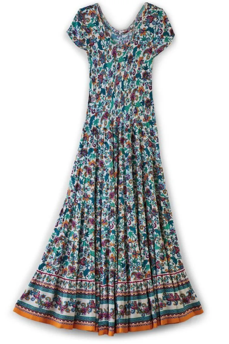 Vestido Kara de Soft Surroundings - Elegancia y comodidad en verde azulado vibrante con estampado jacobeo