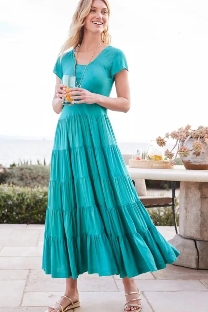 Vestido Kara de Soft Surroundings - Elegancia y comodidad en verde azulado vibrante con estampado jacobeo