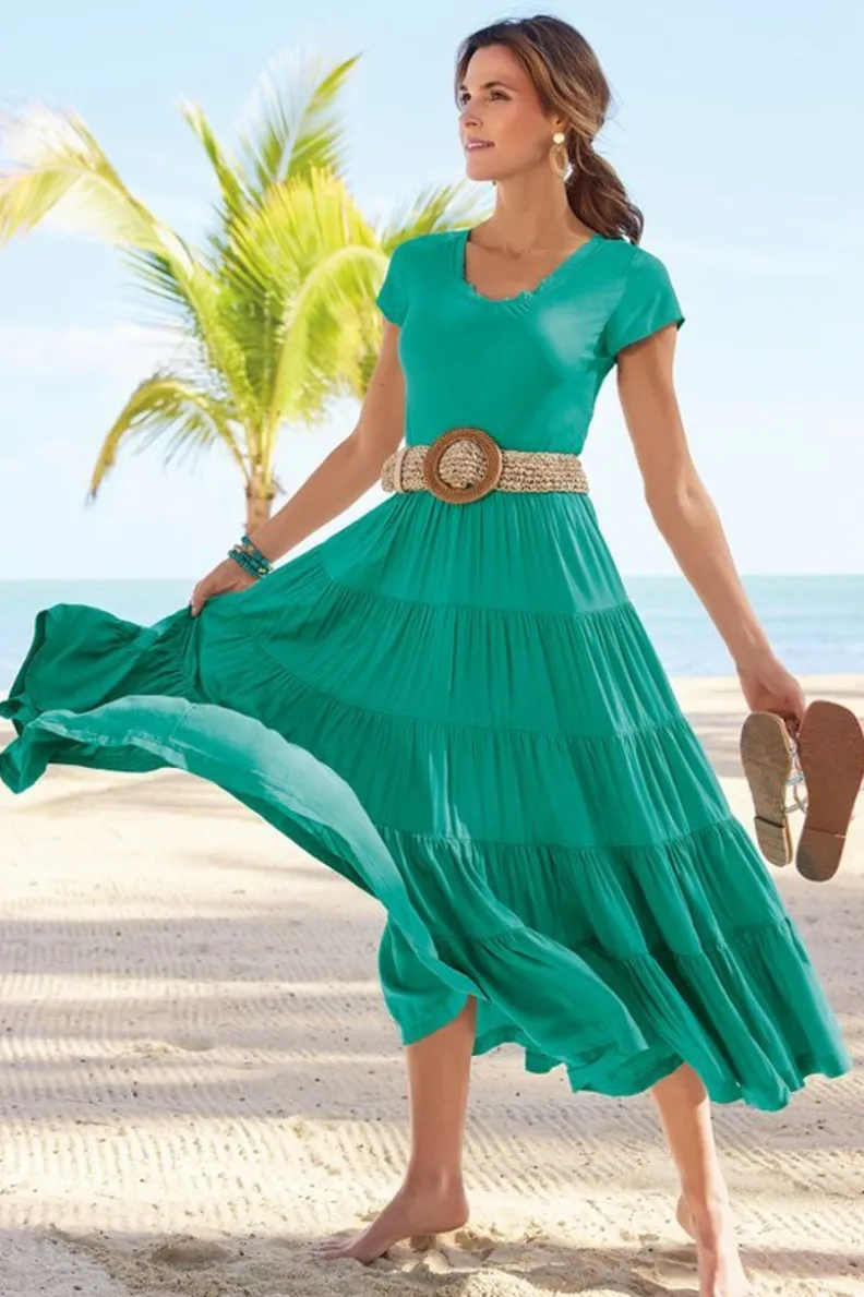 Vestido Kara de Soft Surroundings - Elegancia y comodidad en verde azulado vibrante con estampado jacobeo