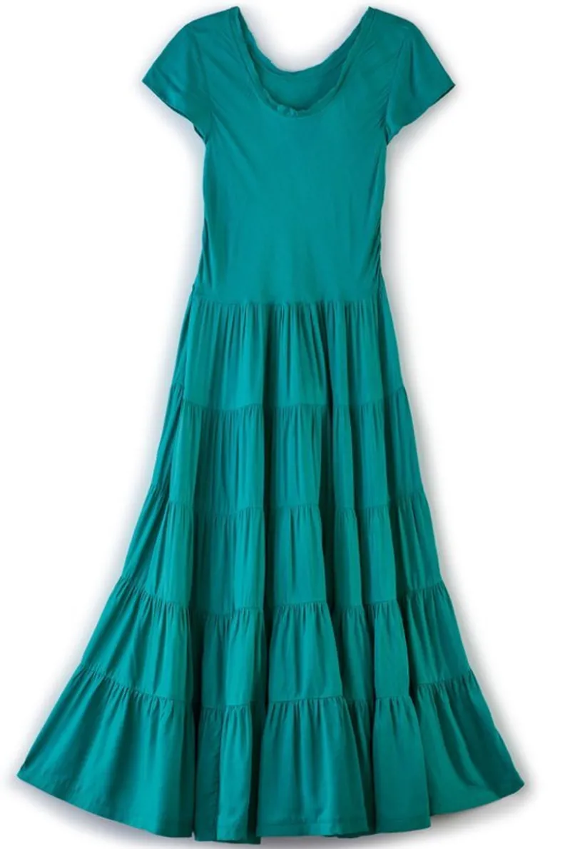 Vestido Kara de Soft Surroundings - Elegancia y comodidad en verde azulado vibrante con estampado jacobeo
