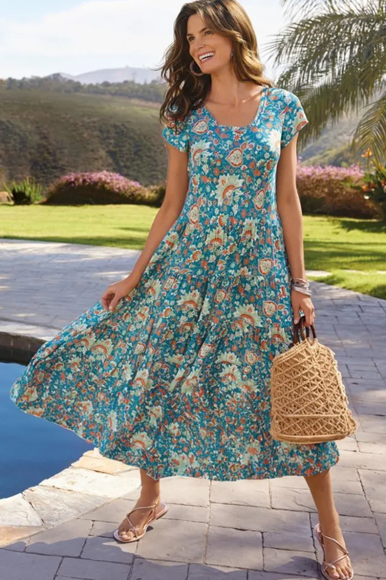 Vestido Kara de Soft Surroundings - Elegancia y comodidad en verde azulado vibrante con estampado jacobeo