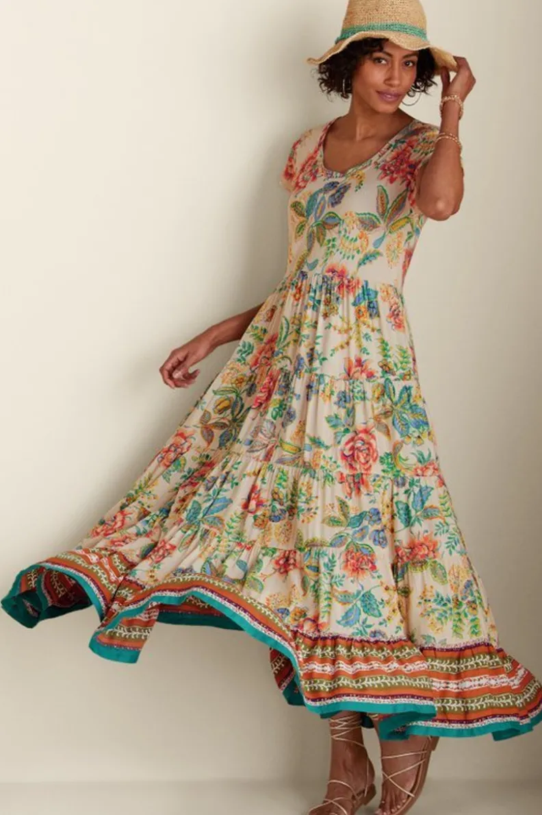 Vestido Kara de Soft Surroundings - Elegancia y comodidad en verde azulado vibrante con estampado jacobeo