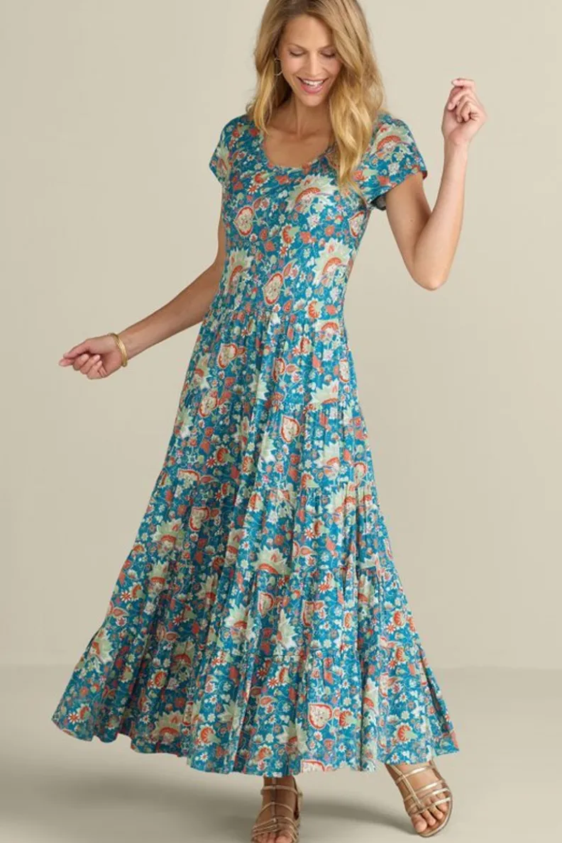 Vestido Kara de Soft Surroundings - Elegancia y comodidad en verde azulado vibrante con estampado jacobeo