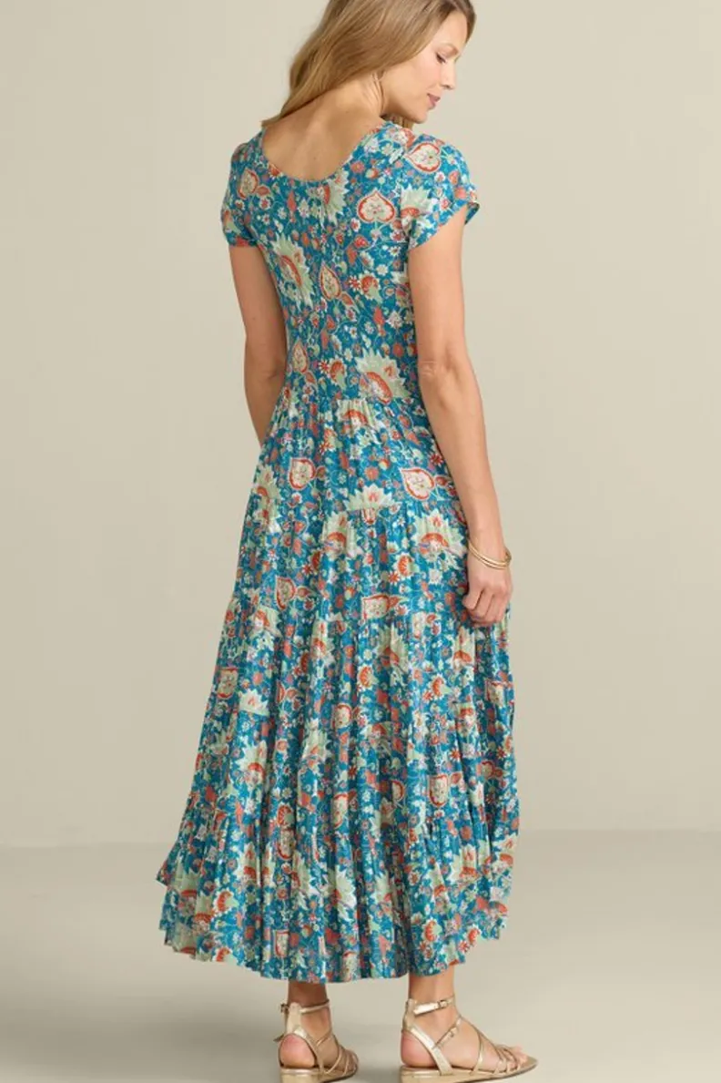 Vestido Kara de Soft Surroundings - Elegancia y comodidad en verde azulado vibrante con estampado jacobeo