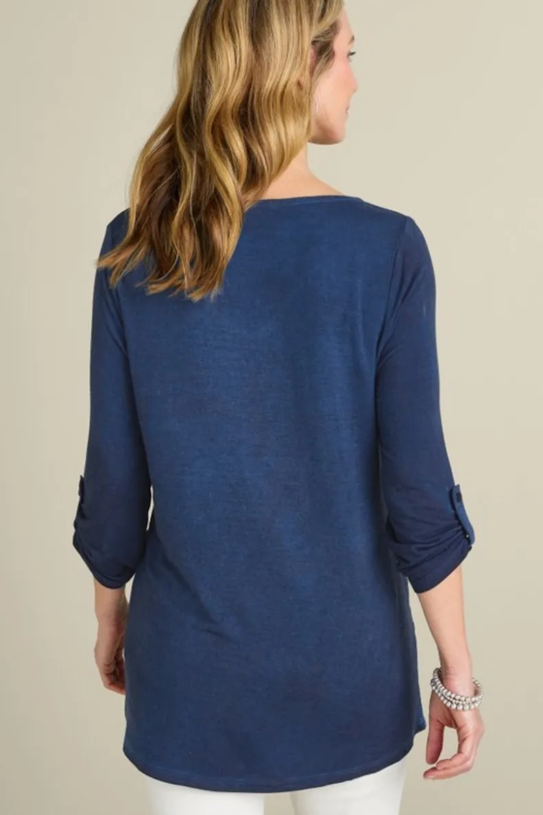 Blusa Bordada Kimbra en Denim Azul - Conjunto Elegante de Túnica y Leggings por Soft Surroundings