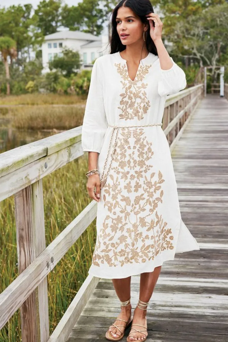 Vestido midi Kimora con bordados artesanales en tono marfil perlado - Soft Surroundings Collection