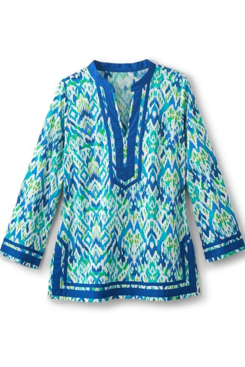 Túnica Kirti con Estampado Ikat Artesanal - Verde Turquesa Bicolor by Soft Surroundings Tops

（：，