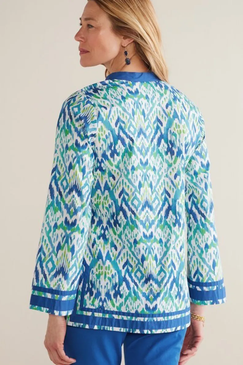 Túnica Kirti con Estampado Ikat Artesanal - Verde Turquesa Bicolor by Soft Surroundings Tops

（：，
