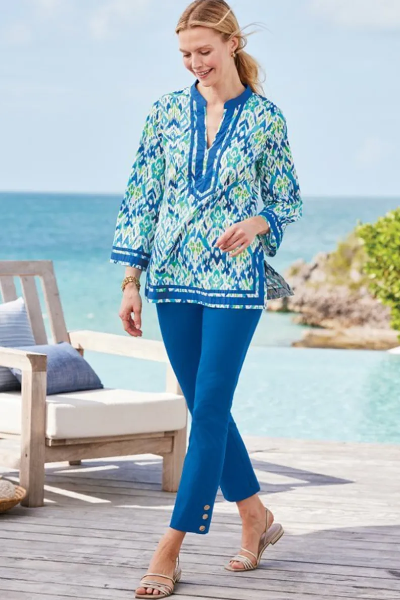 Túnica Kirti con Estampado Ikat Artesanal - Verde Turquesa Bicolor by Soft Surroundings Tops

（：，