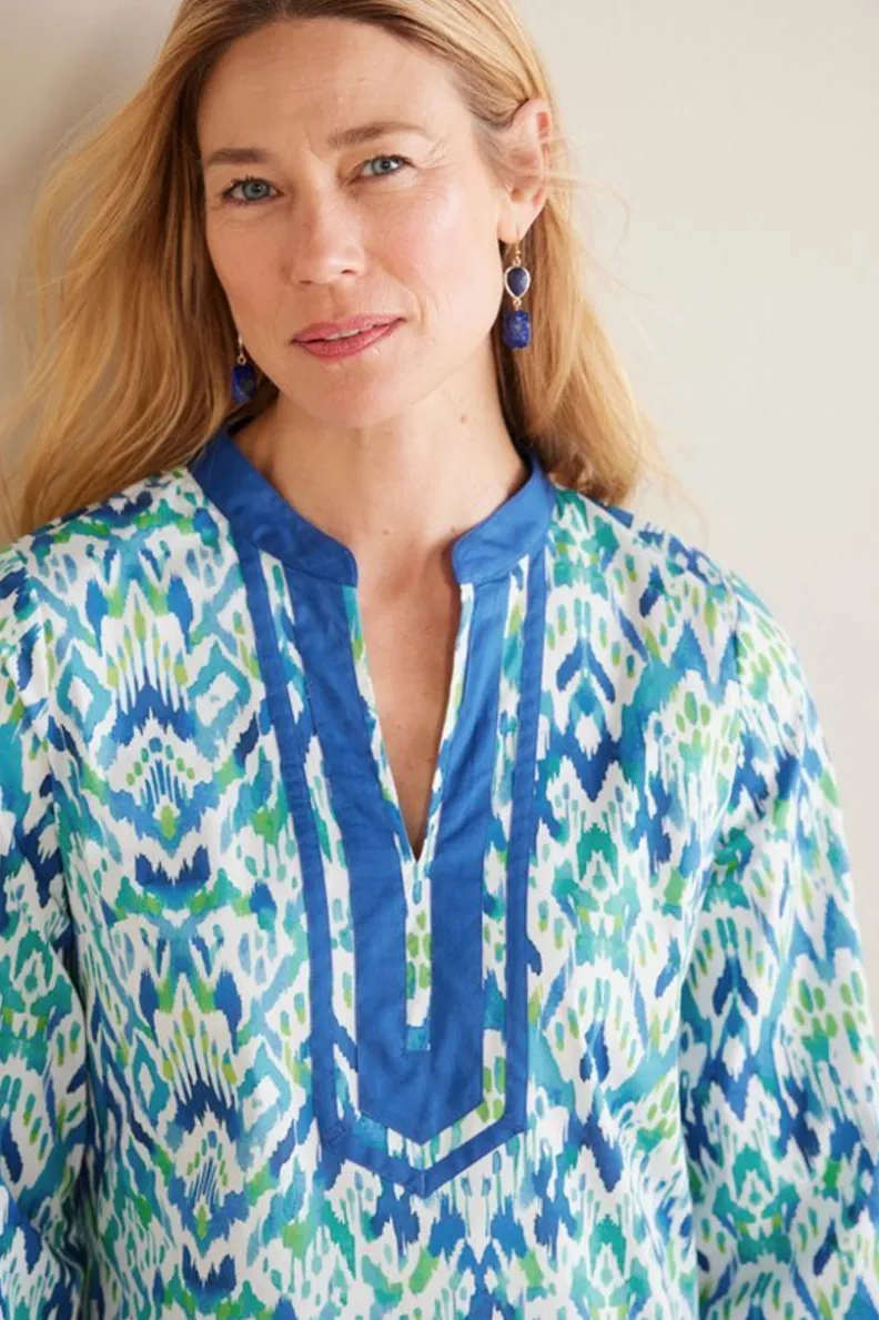 Túnica Kirti con Estampado Ikat Artesanal - Verde Turquesa Bicolor by Soft Surroundings Tops

（：，
