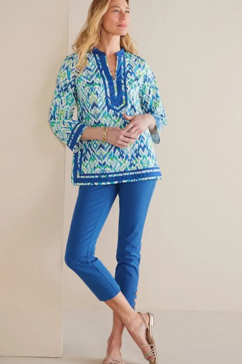 Túnica Kirti con Estampado Ikat Artesanal - Verde Turquesa Bicolor by Soft Surroundings Tops

（：，