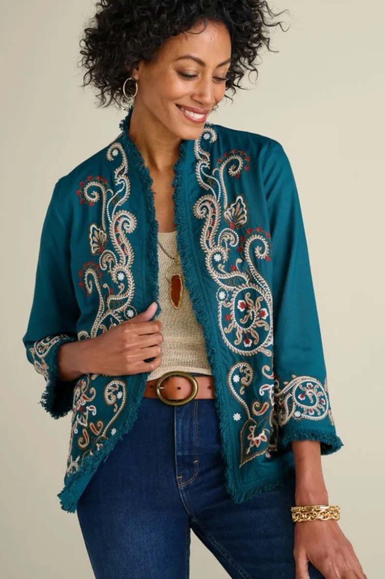 Chaqueta-Abrigo Kiruna Bordado Artesanal en Azul Esmeralda - Diseño Primaveral de Soft Surroundings