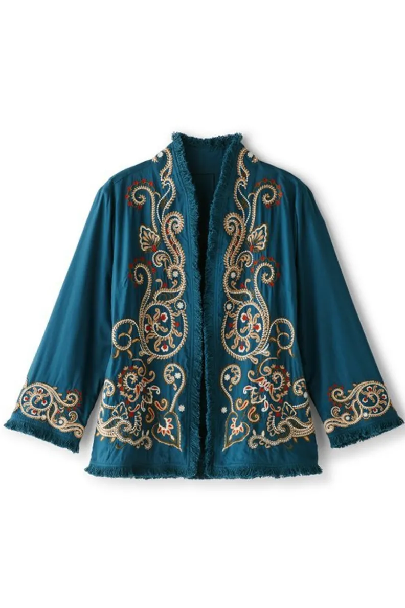 Chaqueta-Abrigo Kiruna Bordado Artesanal en Azul Esmeralda - Diseño Primaveral de Soft Surroundings