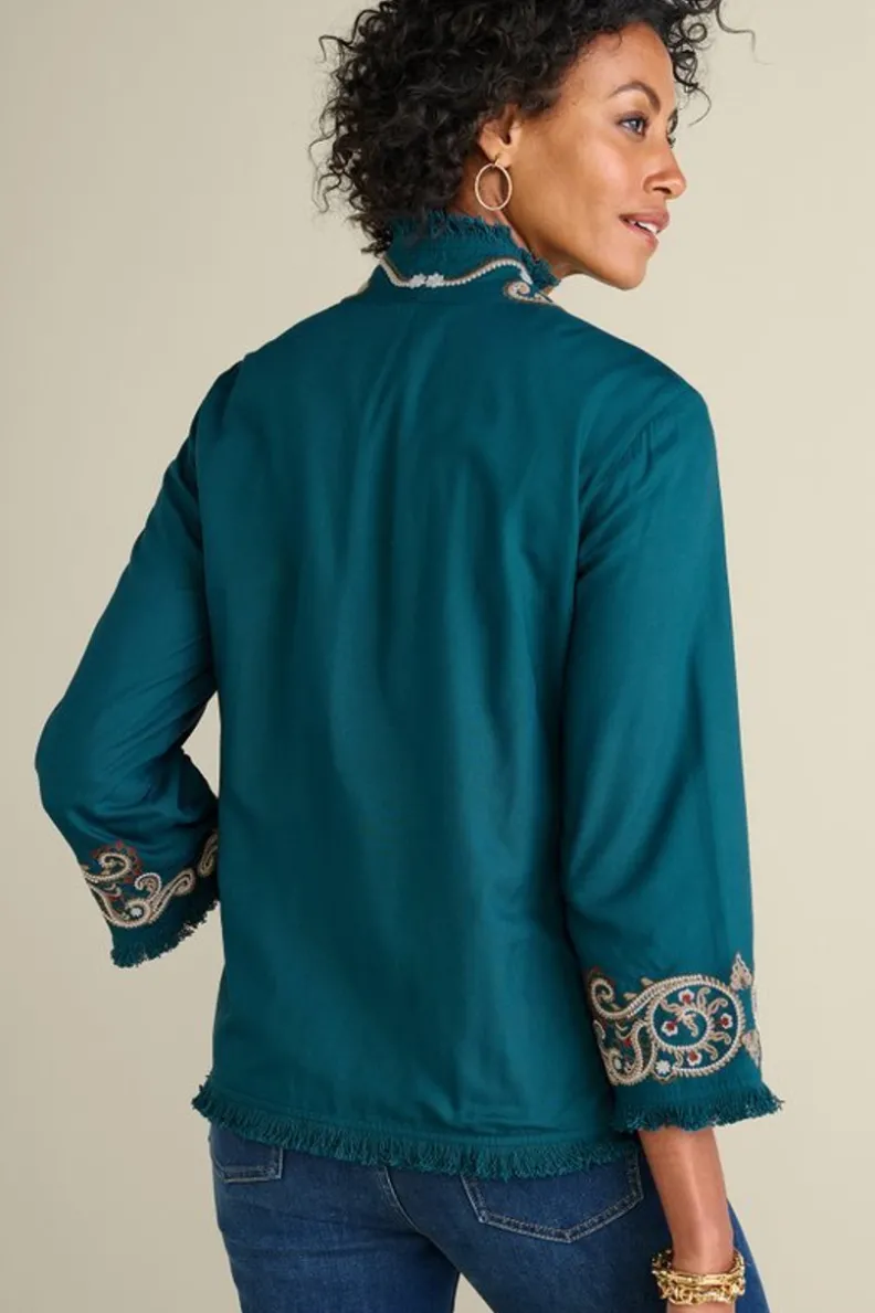 Chaqueta-Abrigo Kiruna Bordado Artesanal en Azul Esmeralda - Diseño Primaveral de Soft Surroundings