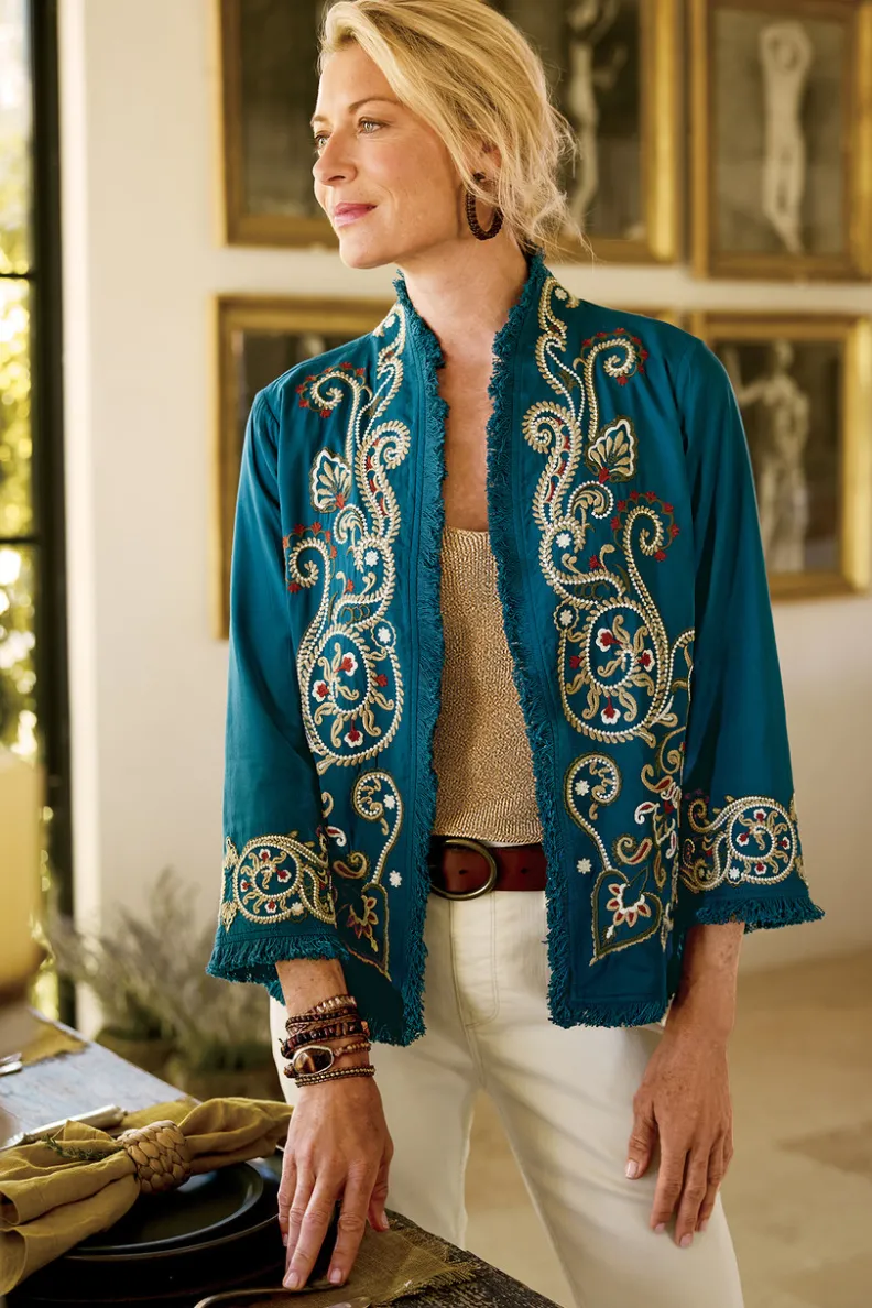 Chaqueta-Abrigo Kiruna Bordado Artesanal en Azul Esmeralda - Diseño Primaveral de Soft Surroundings