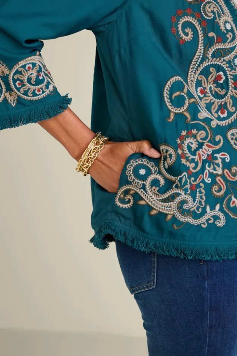 Chaqueta-Abrigo Kiruna Bordado Artesanal en Azul Esmeralda - Diseño Primaveral de Soft Surroundings