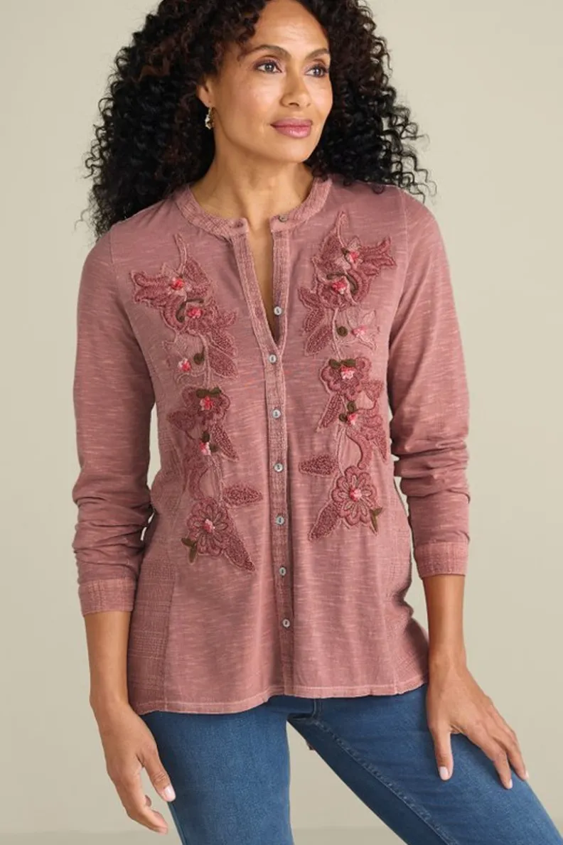 Blusa L'Encanto de Soft Surroundings en Rosa Melocotón - Conjunto Elegante de Túnicas y Mallas con Detalles Florales