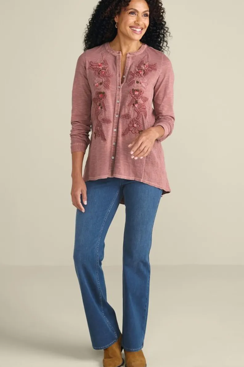Blusa L'Encanto de Soft Surroundings en Rosa Melocotón - Conjunto Elegante de Túnicas y Mallas con Detalles Florales