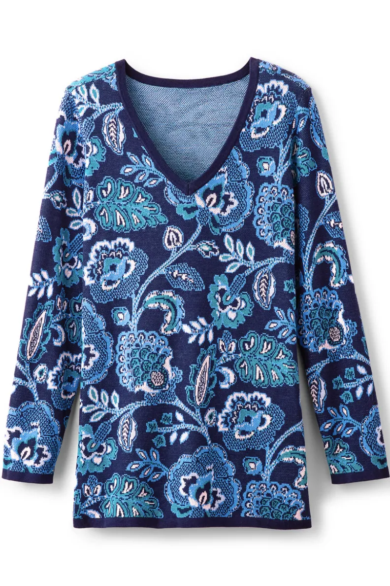 Jerséis Otoñales Leonor - Diseño Jacquard en Azul Jardín | Abrigo Versátil de Punto Suave