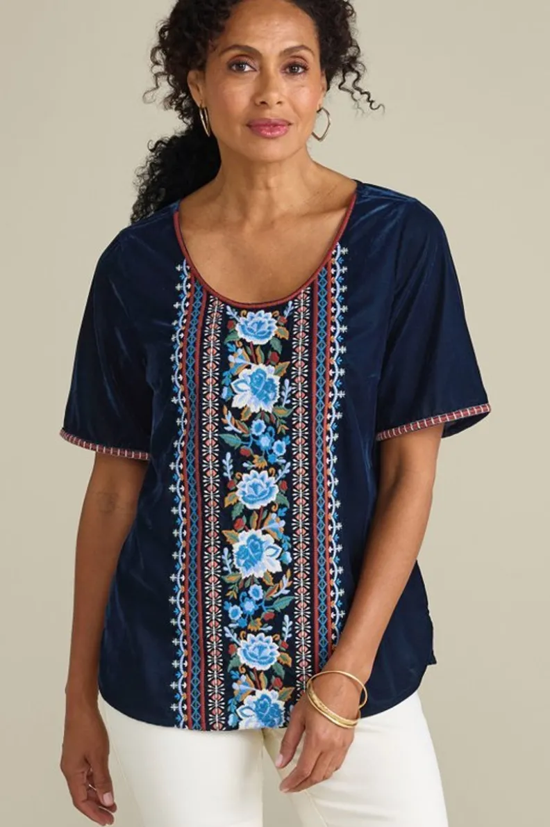 Blusa de Terciopelo Lilian - Azul Medieval con Detalles Premium | Colección Soft Surroundings | Suave Textura y Ajuste Perfecto para Looks Sofisticados