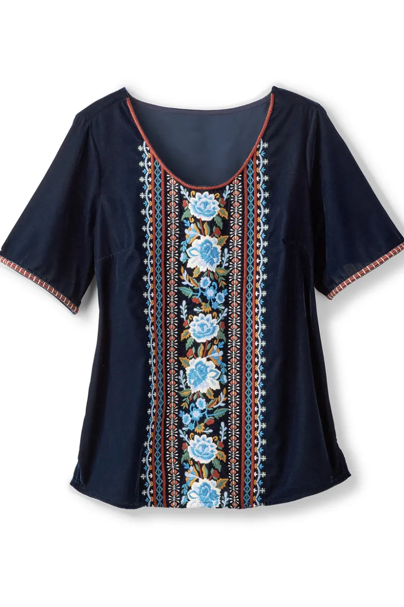 Blusa de Terciopelo Lilian - Azul Medieval con Detalles Premium | Colección Soft Surroundings | Suave Textura y Ajuste Perfecto para Looks Sofisticados