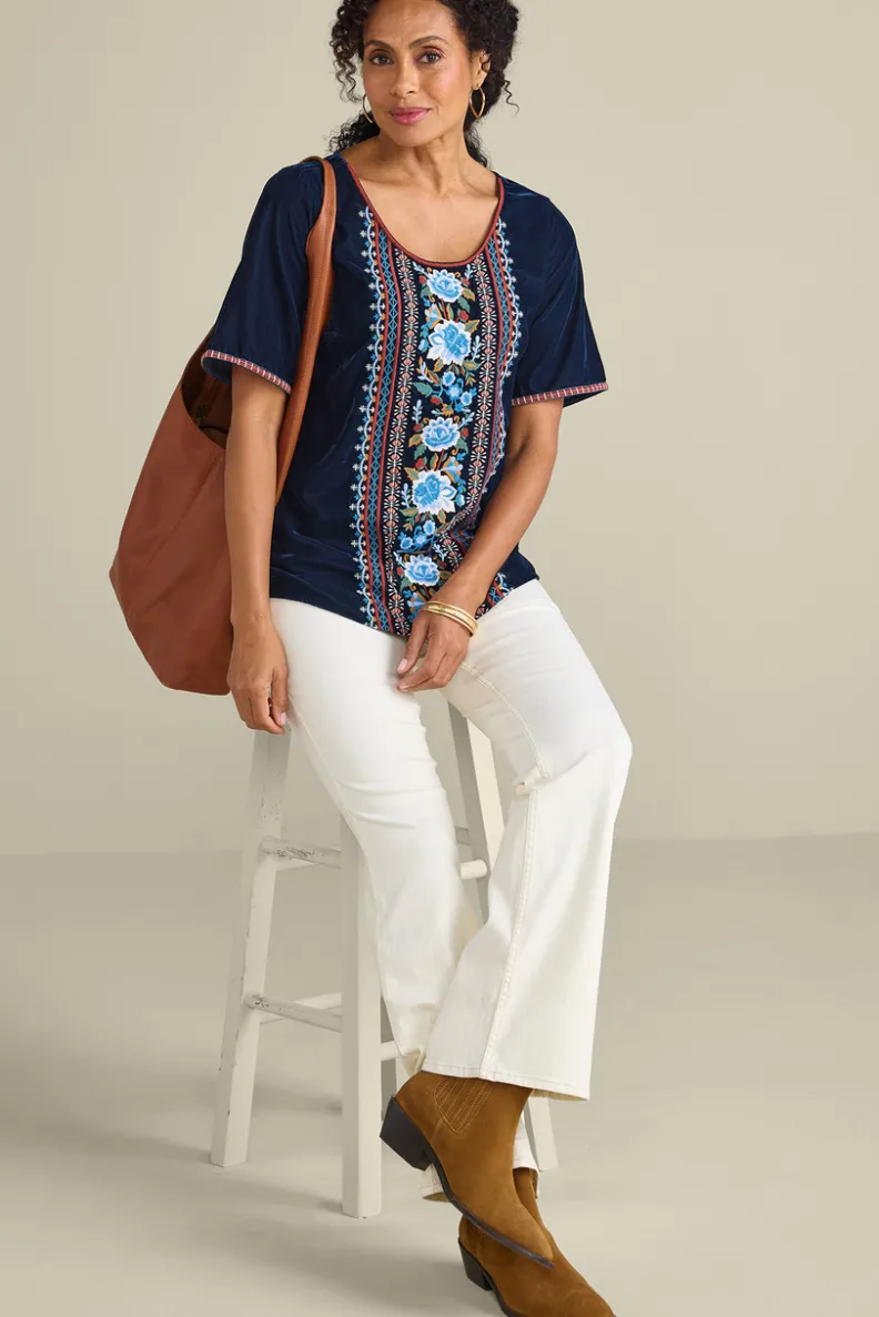 Blusa de Terciopelo Lilian - Azul Medieval con Detalles Premium | Colección Soft Surroundings | Suave Textura y Ajuste Perfecto para Looks Sofisticados