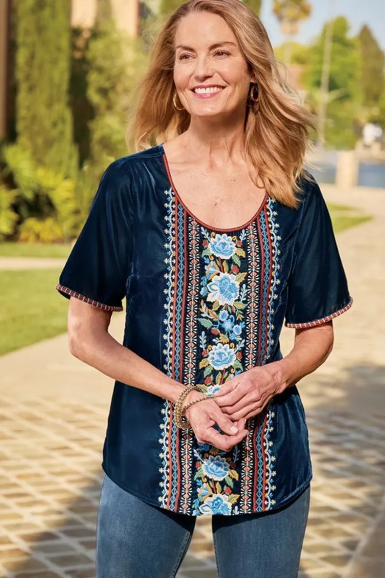 Blusa de Terciopelo Lilian - Azul Medieval con Detalles Premium | Colección Soft Surroundings | Suave Textura y Ajuste Perfecto para Looks Sofisticados