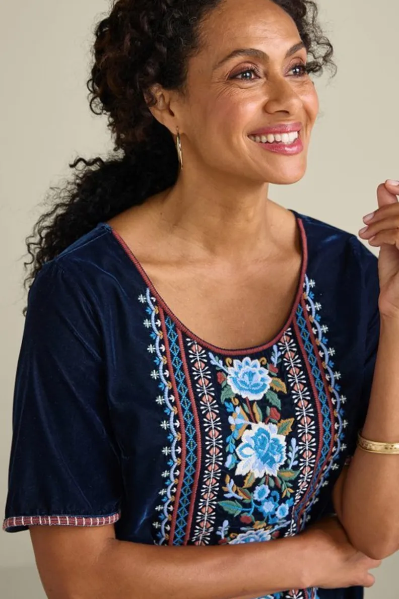 Blusa de Terciopelo Lilian - Azul Medieval con Detalles Premium | Colección Soft Surroundings | Suave Textura y Ajuste Perfecto para Looks Sofisticados