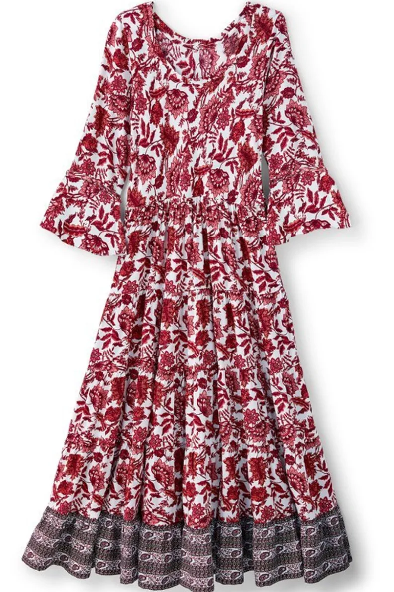Vestido midi Lily de Soft Surroundings - Estampado botánico artesanal en tono granate con detalles elegantes