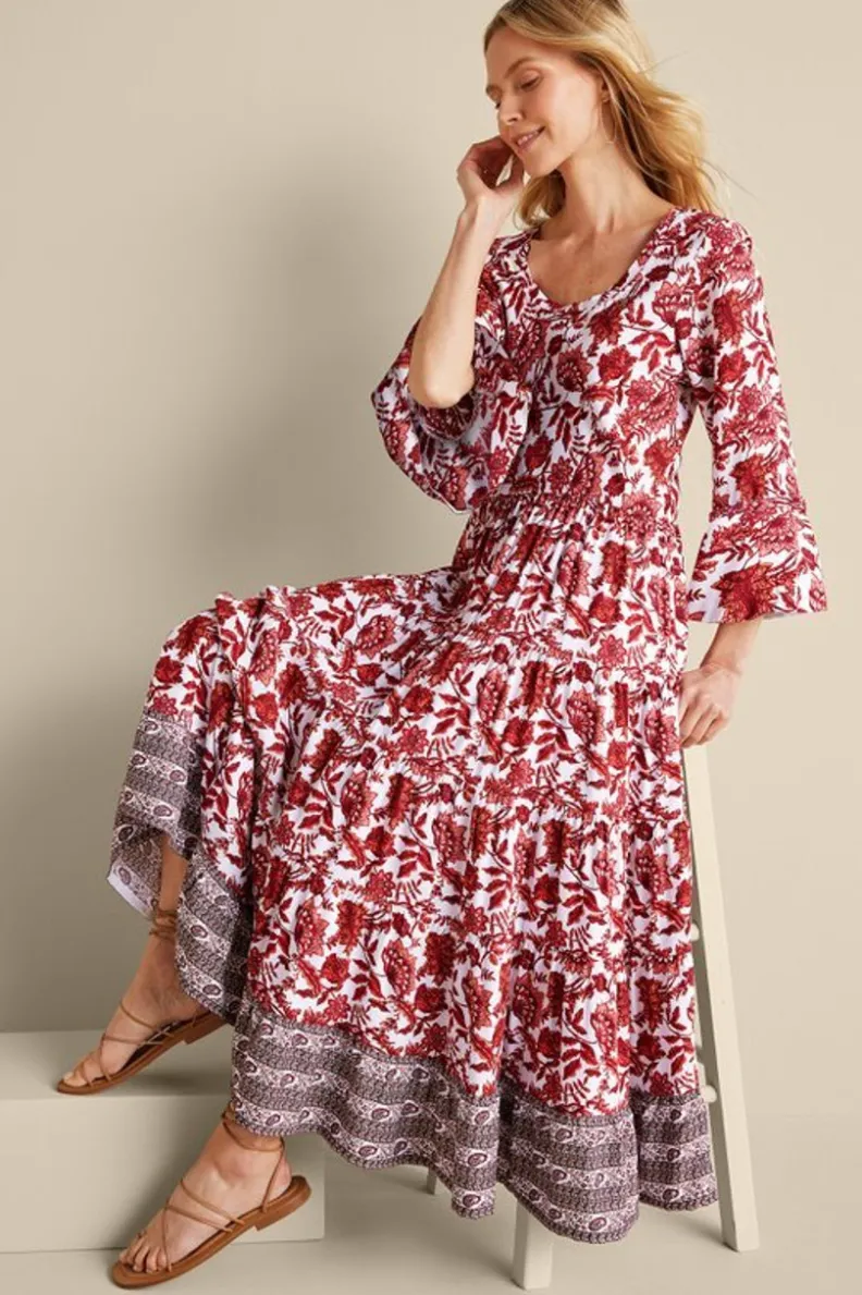 Vestido midi Lily de Soft Surroundings - Estampado botánico artesanal en tono granate con detalles elegantes