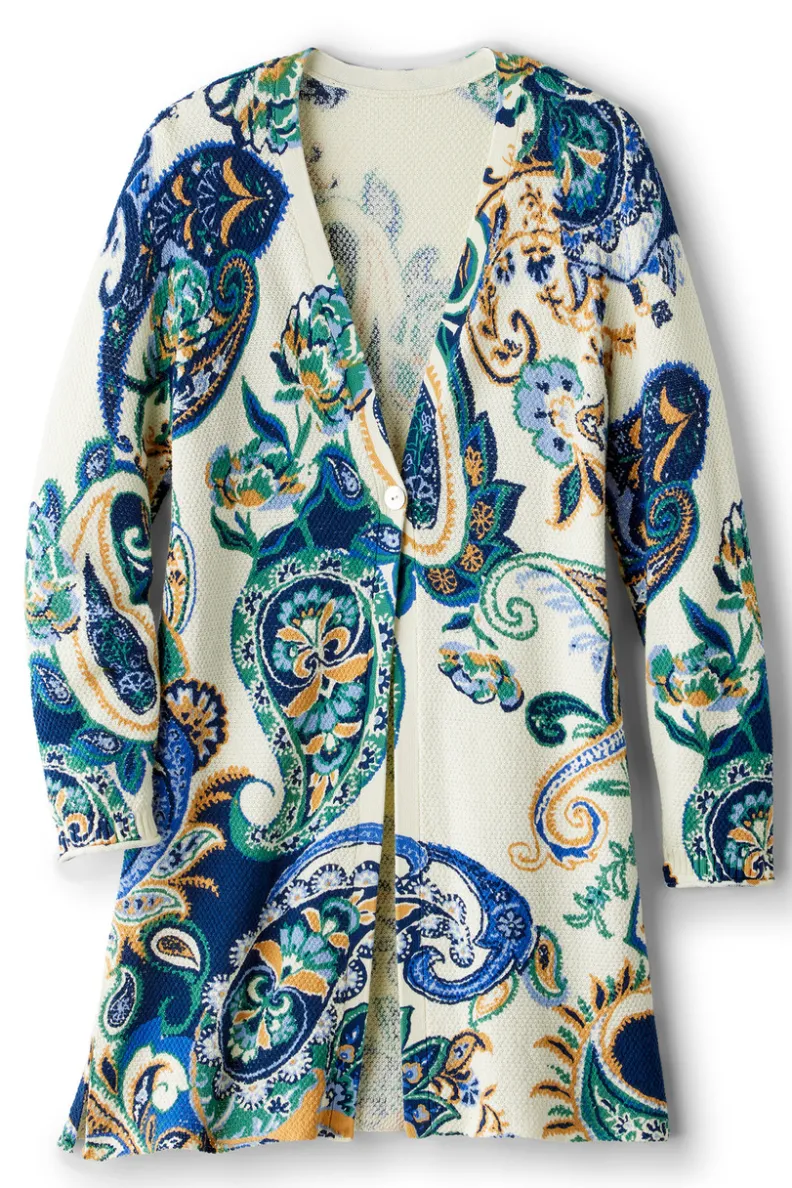 Cárdigan Marin de Otoño con Bufanda a Cuadros Paisley - Abrigo Ligero en Azul Marino | Colección Soft Surroundings
