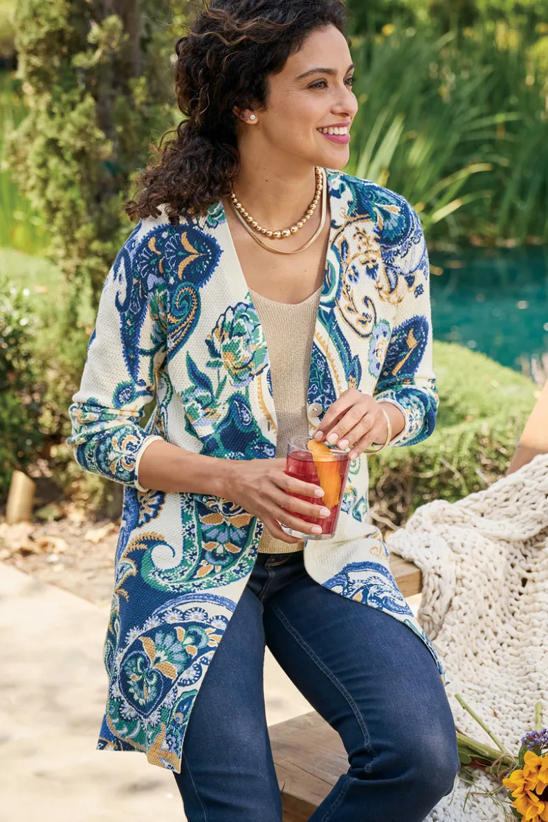 Cárdigan Marin de Otoño con Bufanda a Cuadros Paisley - Abrigo Ligero en Azul Marino | Colección Soft Surroundings