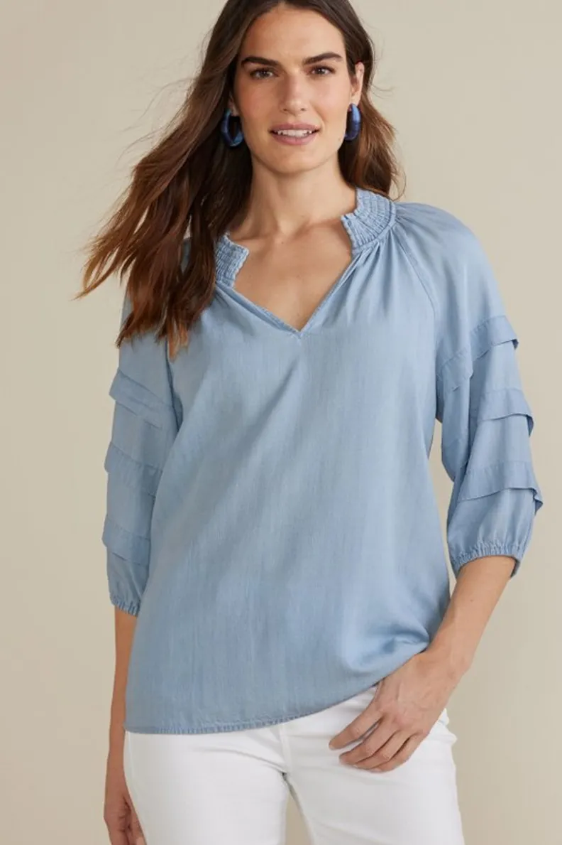 Blusa Aireada Marisol en Tencel y Chambray Claro - Confección Suave de Soft Surroundings