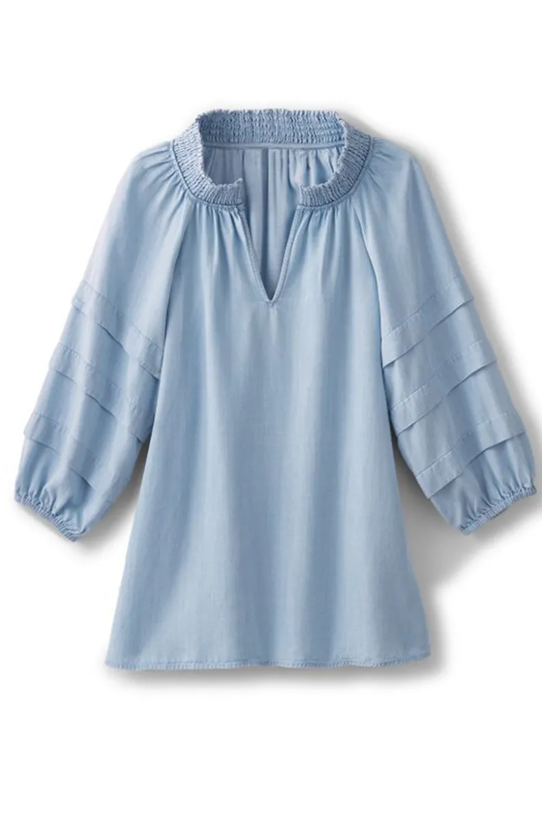 Blusa Aireada Marisol en Tencel y Chambray Claro - Confección Suave de Soft Surroundings