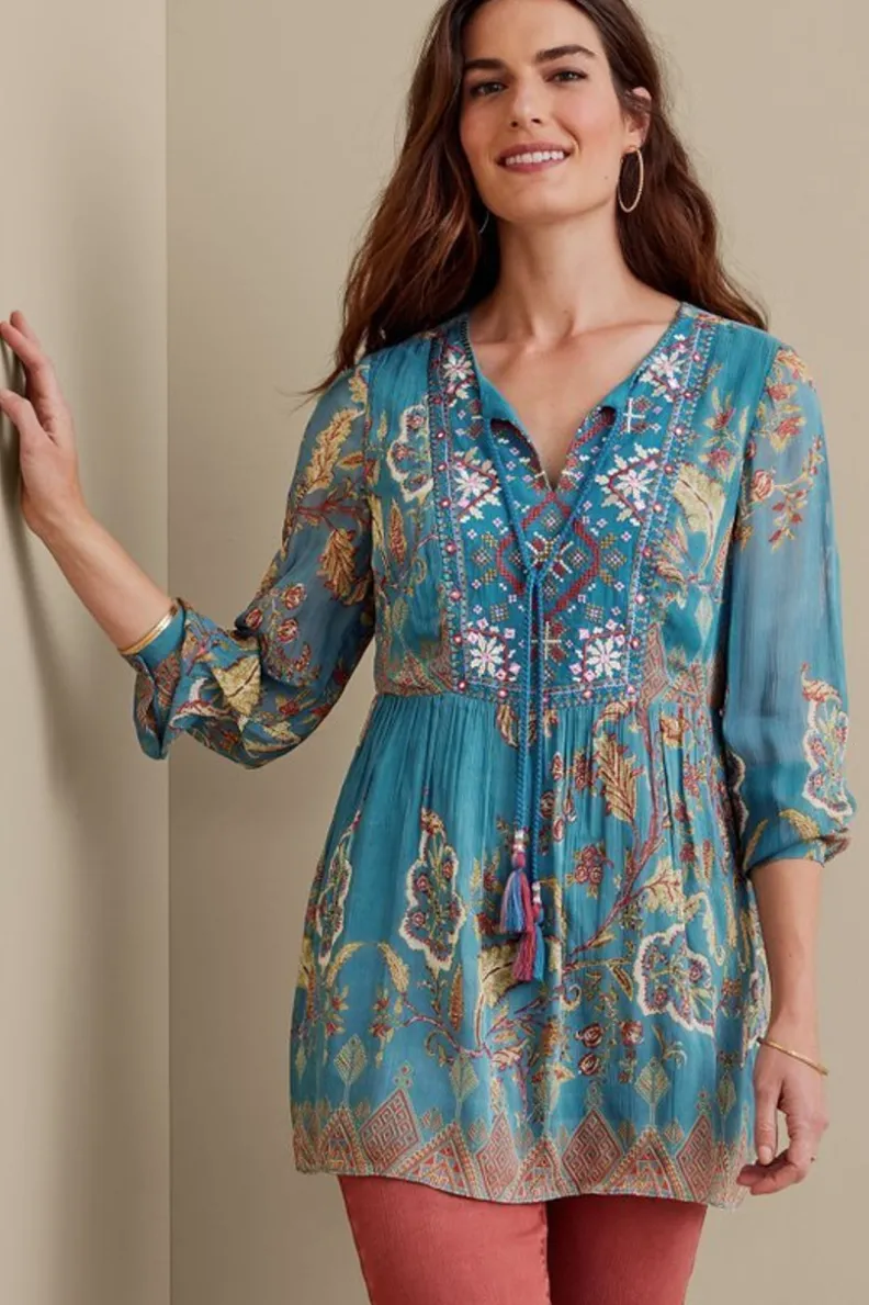 Túnica Mirapani de Soft Surroundings - Conjunto elegante en tono azul Ayaletta con leggings coordinados