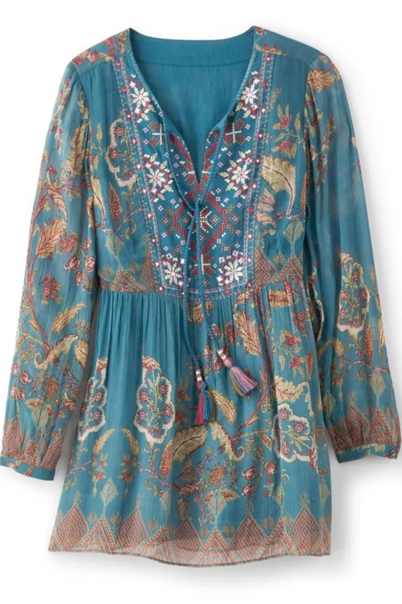 Túnica Mirapani de Soft Surroundings - Conjunto elegante en tono azul Ayaletta con leggings coordinados