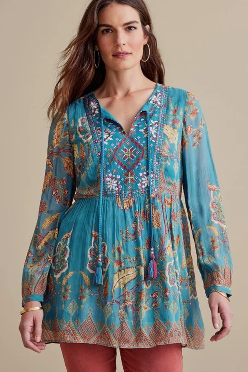Túnica Mirapani de Soft Surroundings - Conjunto elegante en tono azul Ayaletta con leggings coordinados