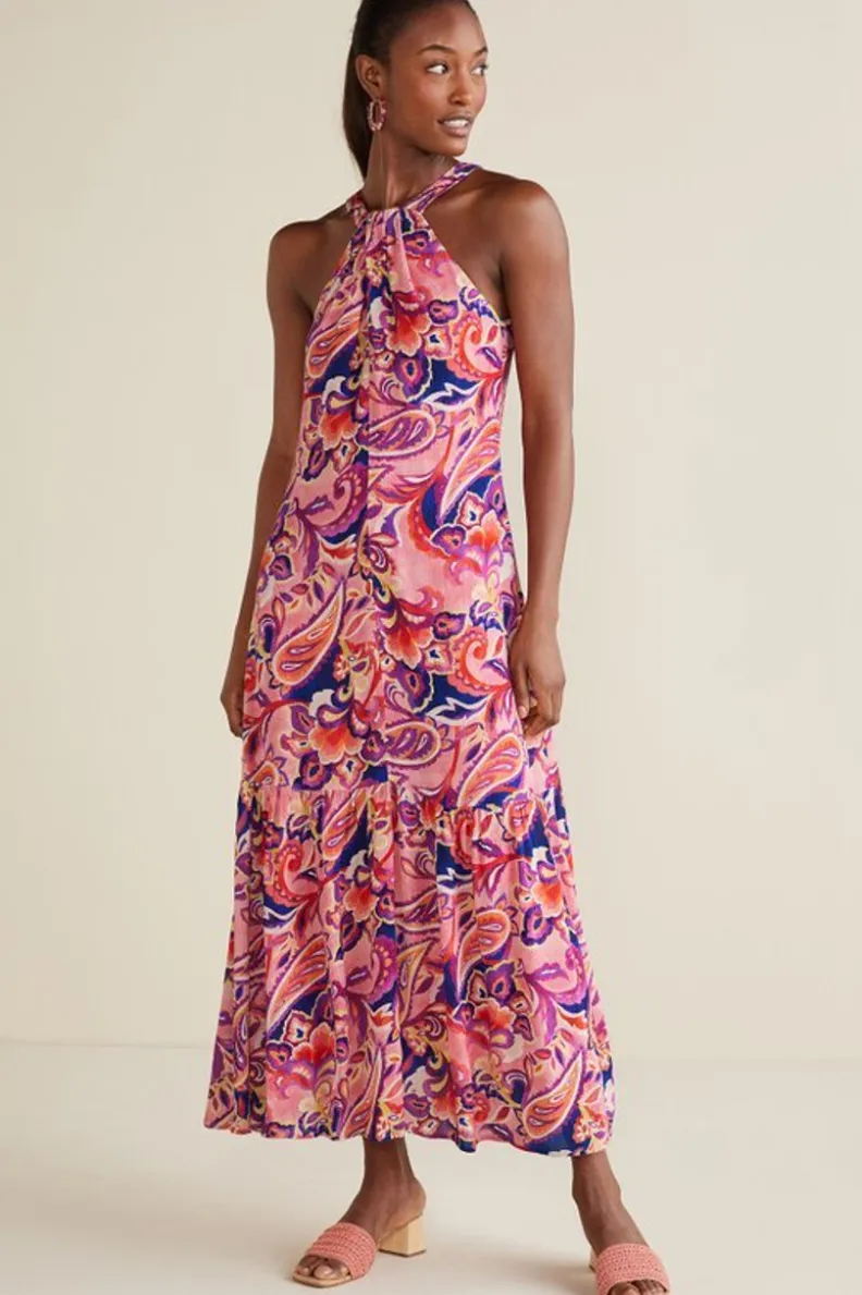 Vestido Largo Transpirable Nalani con Detalles en Gasas - Estampado Coral y Motivos Tropicales, Colección Soft Surroundings