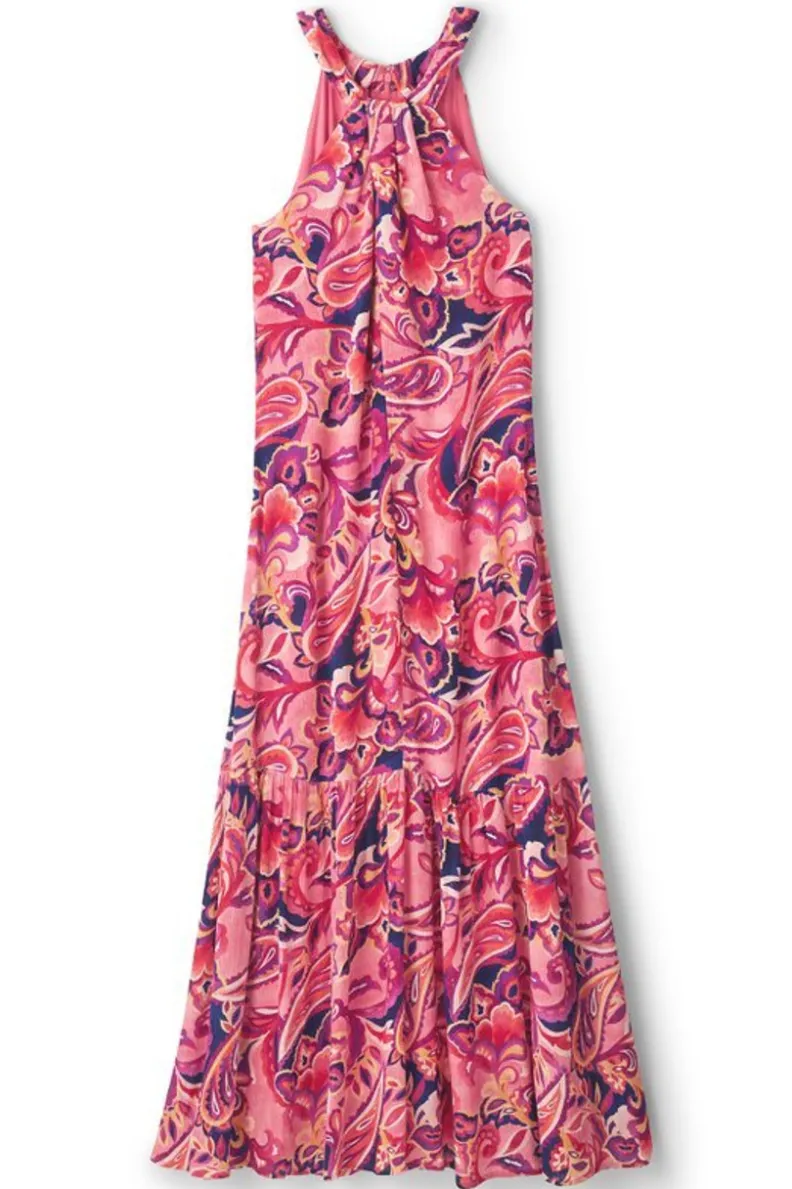 Vestido Largo Transpirable Nalani con Detalles en Gasas - Estampado Coral y Motivos Tropicales, Colección Soft Surroundings