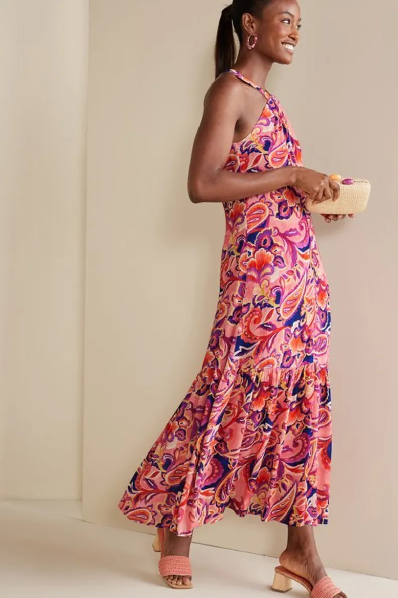 Vestido Largo Transpirable Nalani con Detalles en Gasas - Estampado Coral y Motivos Tropicales, Colección Soft Surroundings