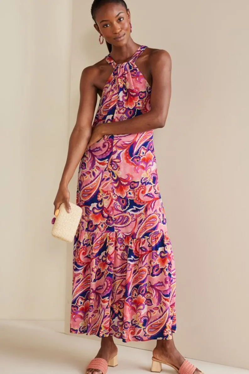Vestido Largo Transpirable Nalani con Detalles en Gasas - Estampado Coral y Motivos Tropicales, Colección Soft Surroundings
