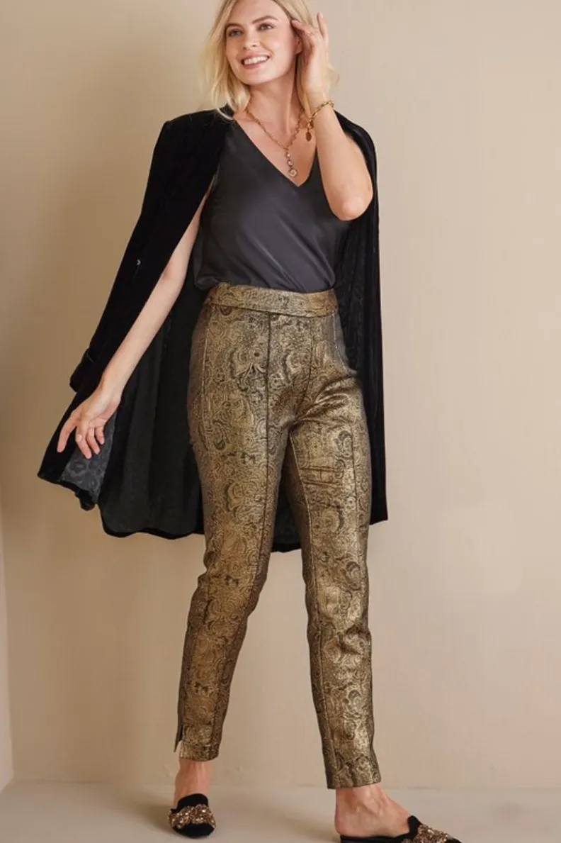 Pantalón Jacquard Nevina - Estampado Floral Dorado en Tejido Suave con Diseño Exclusivo