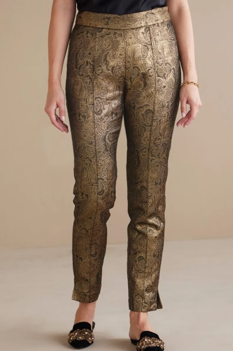 Pantalón Jacquard Nevina - Estampado Floral Dorado en Tejido Suave con Diseño Exclusivo