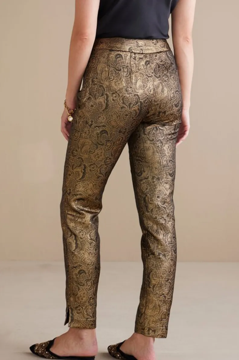 Pantalón Jacquard Nevina - Estampado Floral Dorado en Tejido Suave con Diseño Exclusivo